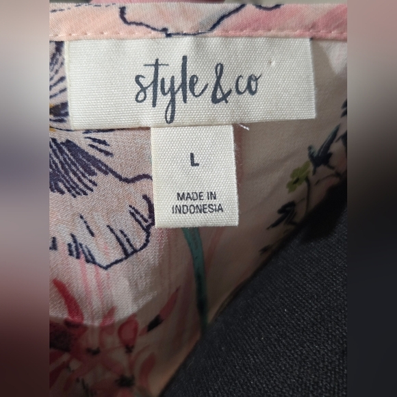 Style & Co Henley Cream Floral Top Roll Tab Sleeves Womens Large - Picture 5 of 6